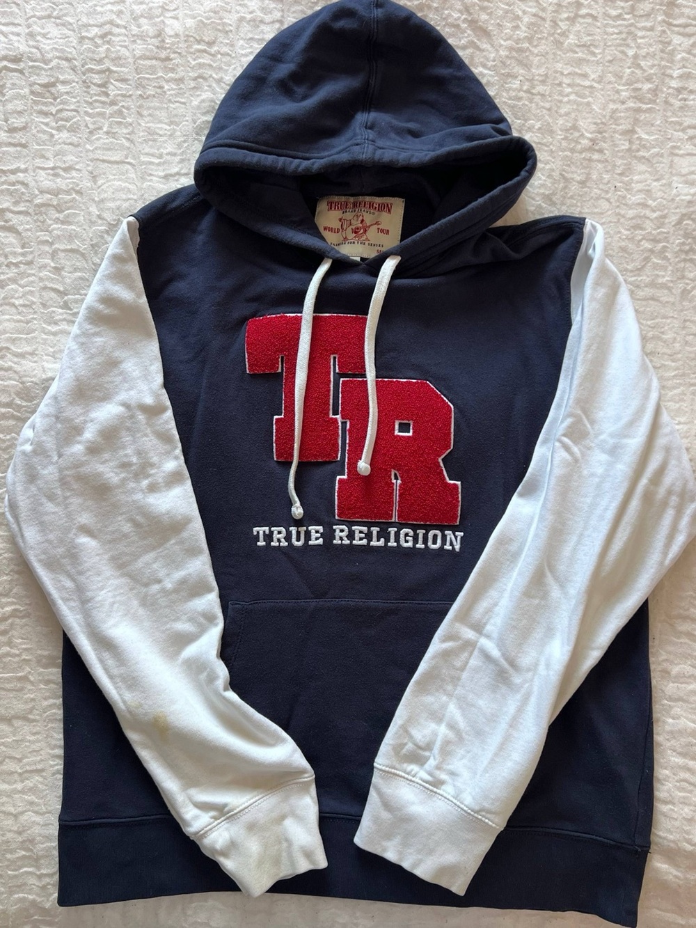 True Religion Chenille Patch Pullover Hoodie Blue & White 2XL